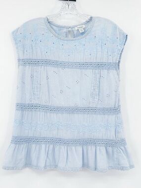 Sundance Boho Light Blue Eyelet Lace Cotton Peplum Top Coquette Womens Size XS